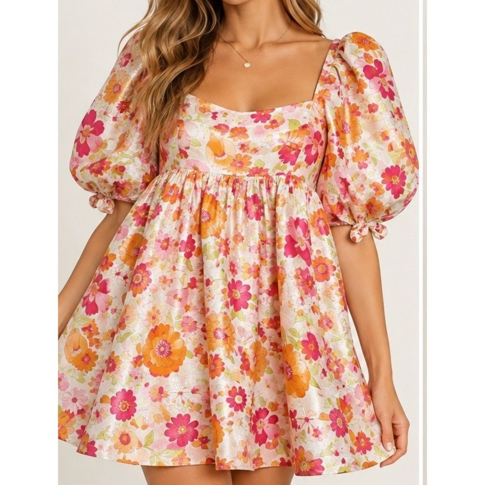 Storia Floral Metallic Puff Sleeve Babydoll Mini Dress Pink Orange Small